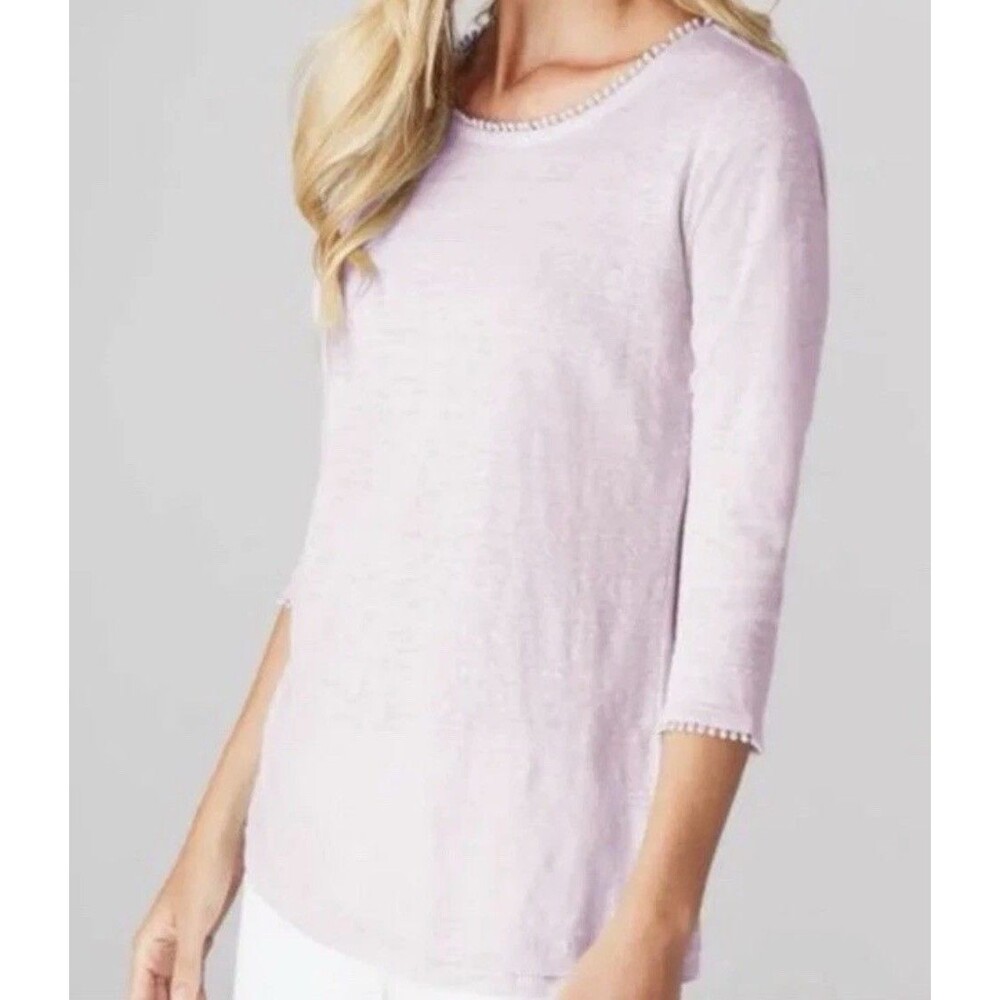J. Jill Love Linen Pink Pom Pom Trim 3/4 Sleeve Linen Top Women's Size M